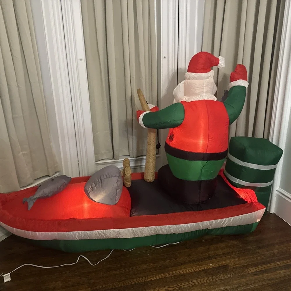 INFLATABLE‎ Christmas SANTA Claus FISHERMAN BOAT HOOKED ON CHRISTMAS LIGHTED 8ft